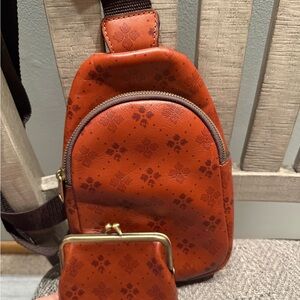 Patricia Nash-Brown Slingback Bag with Coin Purse in Signature print.